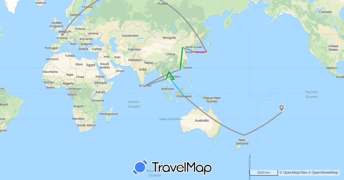 TravelMap itinerary: bus, plane, train, boat in Switzerland, China, France, Indonesia, Japan, Cambodia, Laos, Sri Lanka, New Zealand, Thailand, Vietnam (Asia, Europe, Oceania)